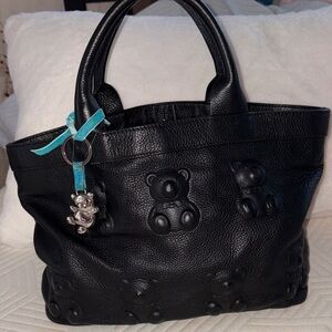 Black Leather Tote Bag with Teddy Motif and Vintage Furla Teddy Bear Charm